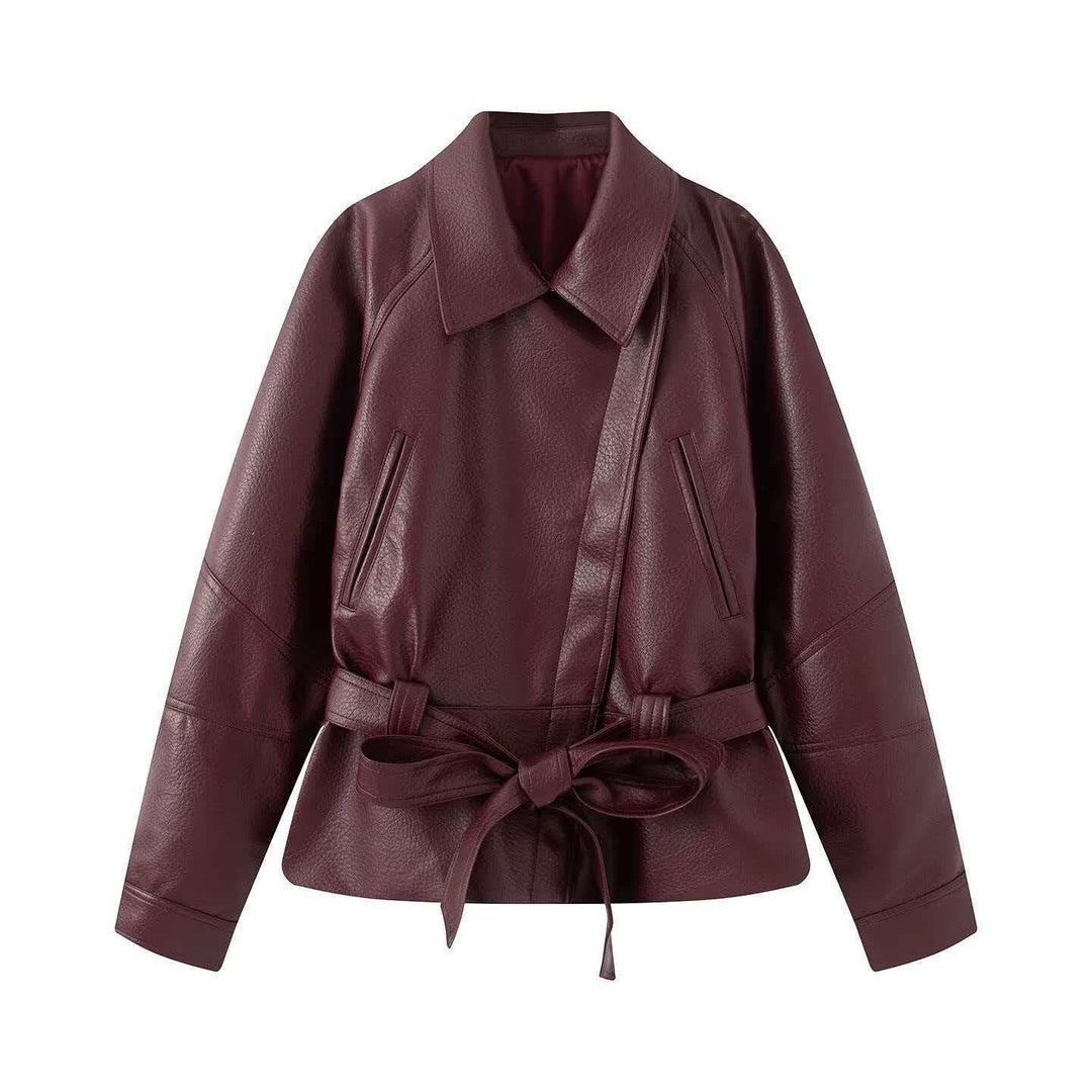 Damen Kurzjacke aus Kunstleder mit Taillengürtel und Hemdkragen Nord Taschen