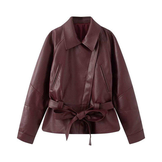 Damen Kurzjacke aus Kunstleder mit Taillengürtel und Hemdkragen Nord Taschen