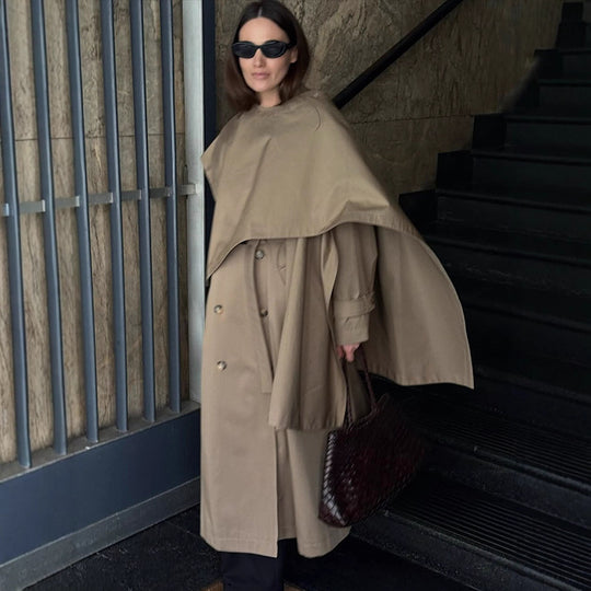 Damen Midilanger Trenchcoat mit ponchoartigem Cape-Überwurf & kastiger Silhouette Nord Taschen