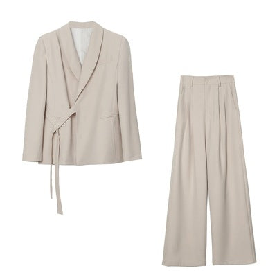 Damen Asymmetrisches Wickel-Blazer-Set mit Bindegürtel und weitem Bundfaltenhose Nord Taschen