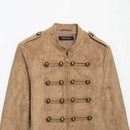 Damen Kurzjacke im Militärstil aus Veloursimitat mit Stehkragen, Epauletten und dekorativer Zierknopfleiste Nord Taschen
