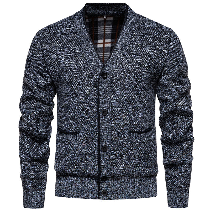 Herren Strukturierter V-Ausschnitt Strickcardigan mit kontrastierter Kante und kariertem Innenbesatz Nord Taschen