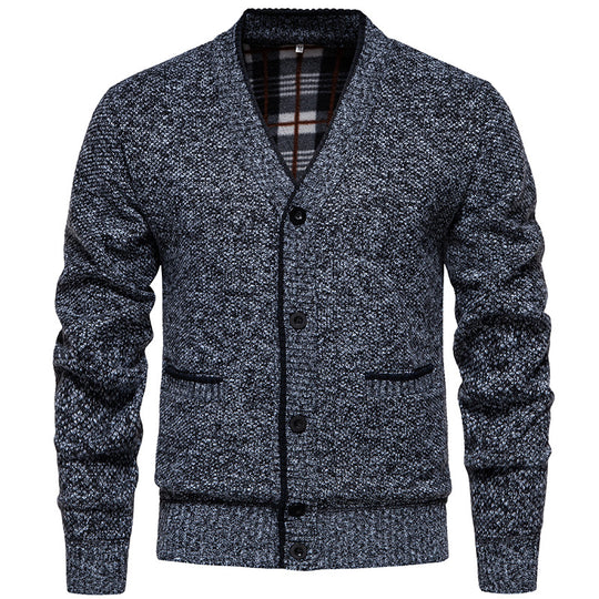 Herren Strukturierter V-Ausschnitt Strickcardigan mit kontrastierter Kante und kariertem Innenbesatz Nord Taschen