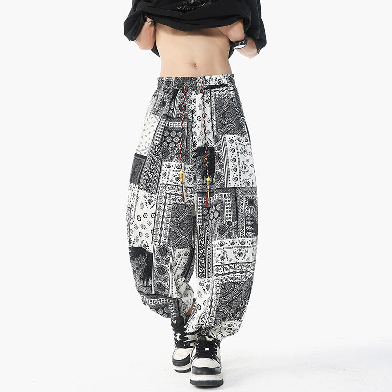 Damen lässige Pluderhose im Ethno-Print mit elastischem Bund, Kordelzug und gesmokten Bündchen Nord Taschen