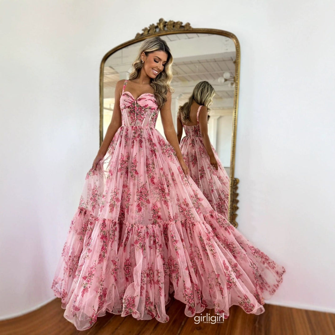 Damen Maxikleid mit floralem Tüll und voluminösem Rock