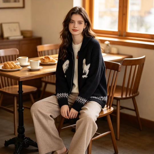 Damen Grobgestrickte Zip-Cardigan mit Schalkragen und Intarsienmotiv Nord Taschen