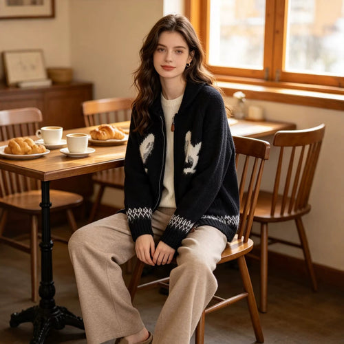 Damen Grobgestrickte Zip-Cardigan mit Schalkragen und Intarsienmotiv Nord Taschen
