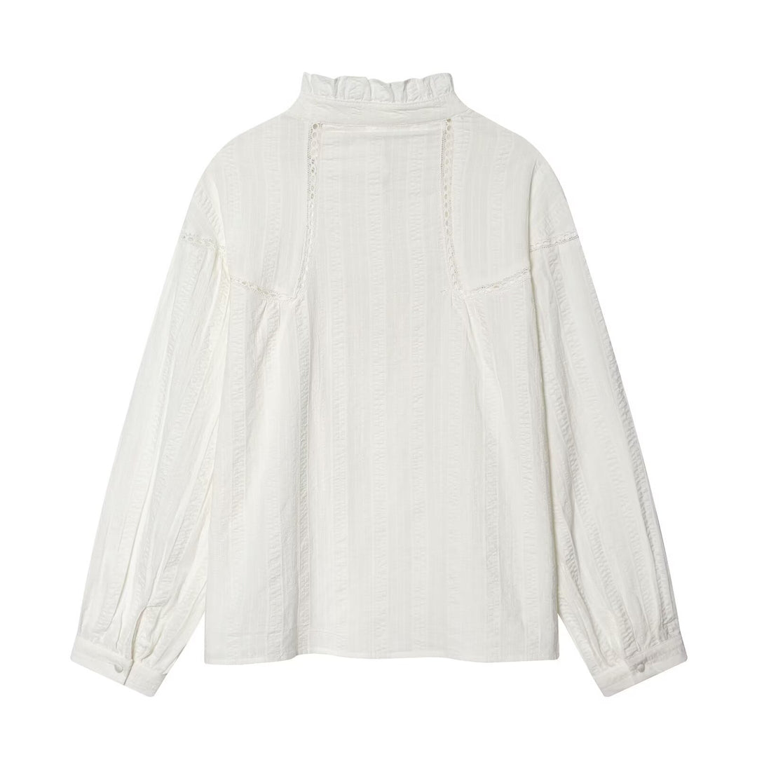 Damen Lockeres Vintage-Bluse mit Stehkragen, Spitzeinsätzen und Ballonärmeln Nord Taschen