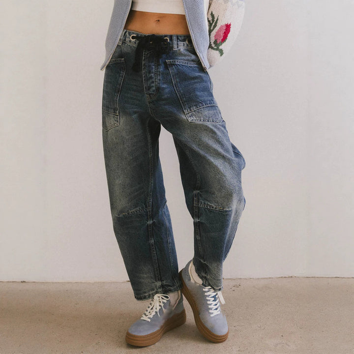 Damen lässige Cargo-Denim Culotte mit Kordelbund und großen aufgesetzten Taschen Nord Taschen