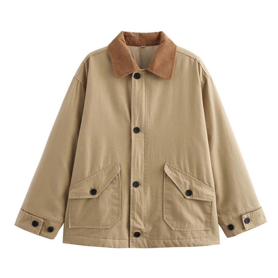 Damen Boxy Baumwoll-Canvas-Jacke mit Cordkragen, Pattentaschen und durchgehender Knopfleiste Nord Taschen