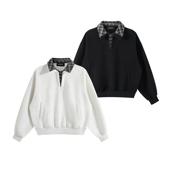 Unisex Oversize-Sweatshirt mit eingesetztem Karo-Hemdkragen und halbem Reißverschluss Nord Taschen