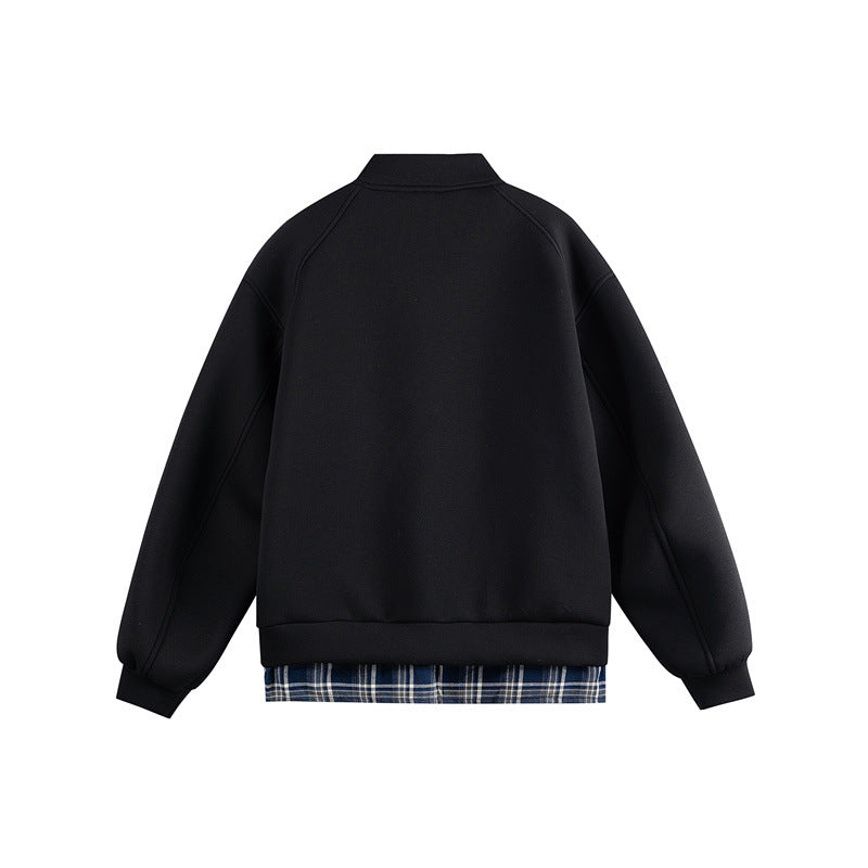 Damen Zwei‑in‑Eins Bomber‑Sweatjacke mit Karo‑Layer‑Einsatz und Stehkragen Nord Taschen