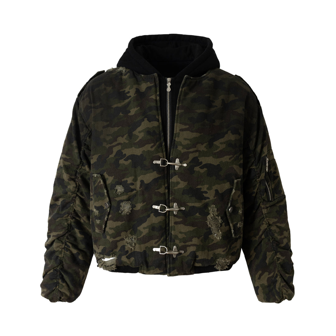 Herren Camouflage Utility-Bomberjacke mit Kapuze, Distressed‑Details und Hakenverschluss Nord Taschen