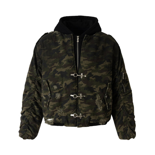 Herren Camouflage Utility-Bomberjacke mit Kapuze, Distressed‑Details und Hakenverschluss Nord Taschen