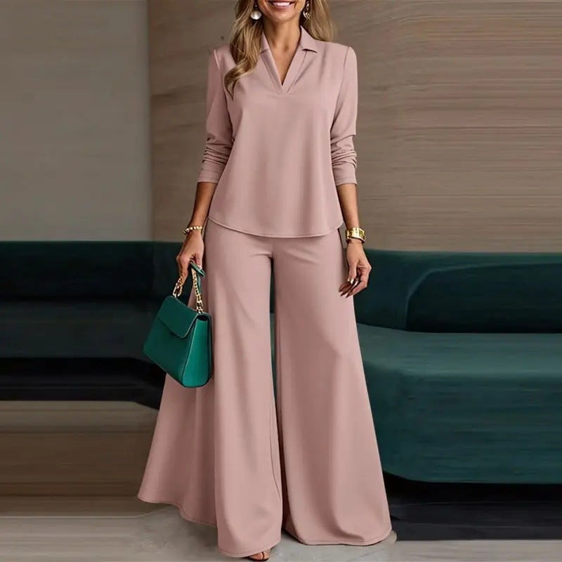 Damen Elegantes Zweiteiliges Palazzo-Set mit Hemdkragen-Top und weitem Bein Nord Taschen