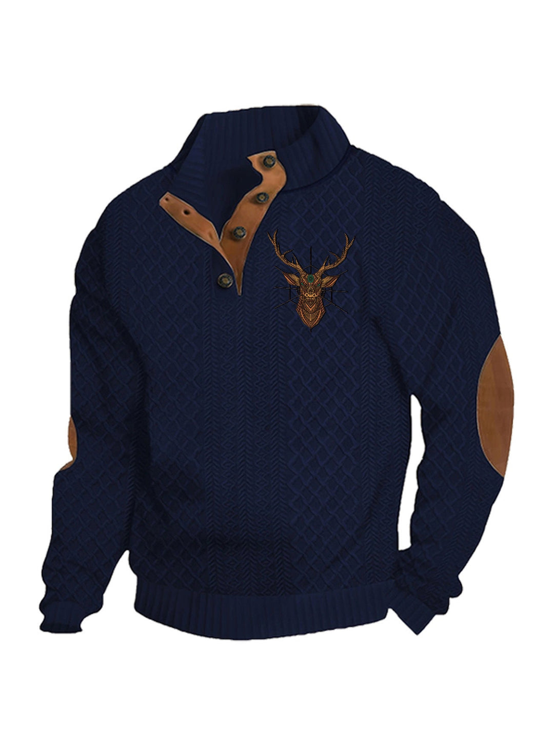 Herren nan Heritage-Strukturpullover mit Stehkragen Lederimitat-Besatz Ellenbogen-Patches und Halbknopfleiste