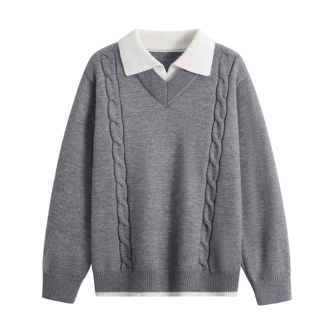 Damen Oversize-Pullover mit V-Ausschnitt, kontrastierendem Polokragen & Zopfstrick-Details Nord Taschen