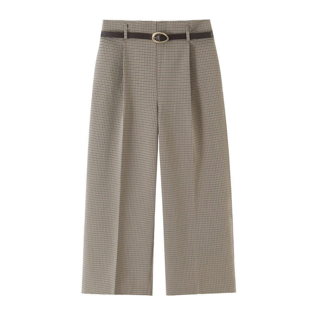 Damen Weite Stoffhose mit hoher Taille, Glencheck, Bügelfalte und schmalem Taillengürtel Nord Taschen
