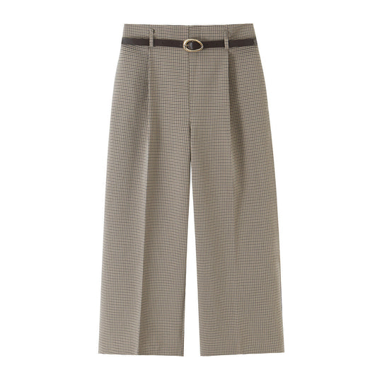 Damen Weite Stoffhose mit hoher Taille, Glencheck, Bügelfalte und schmalem Taillengürtel Nord Taschen