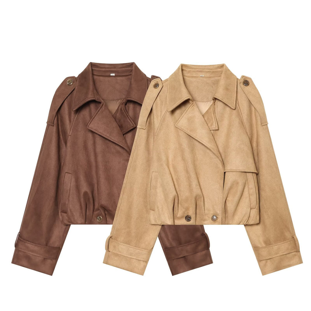 Damen Kurzgeschnittene Trenchjacke in Veloursleder‑Optik mit Schulterklappen und Schnallenmanschetten Nord Taschen