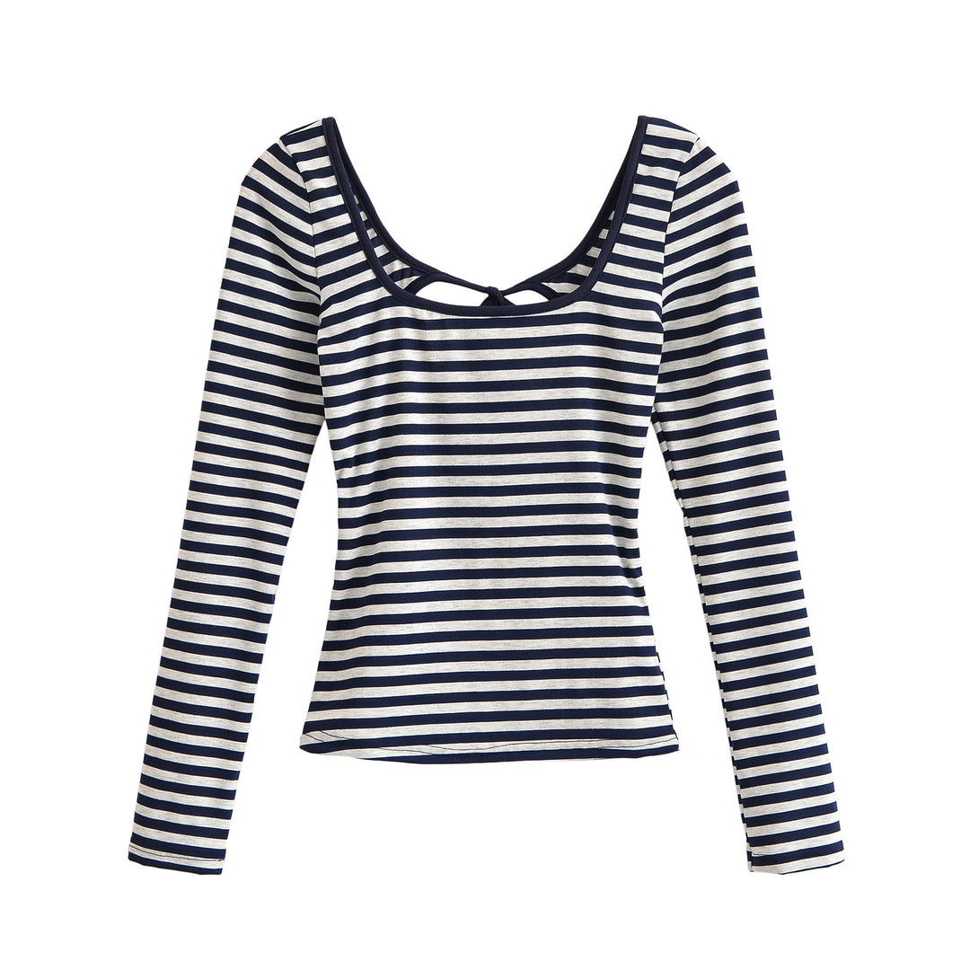 Damen Gestreiftes Langarmshirt mit tiefem Rundhalsausschnitt und Zierschleife Nord Taschen