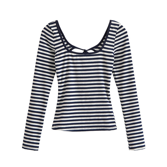 Damen Gestreiftes Langarmshirt mit tiefem Rundhalsausschnitt und Zierschleife Nord Taschen