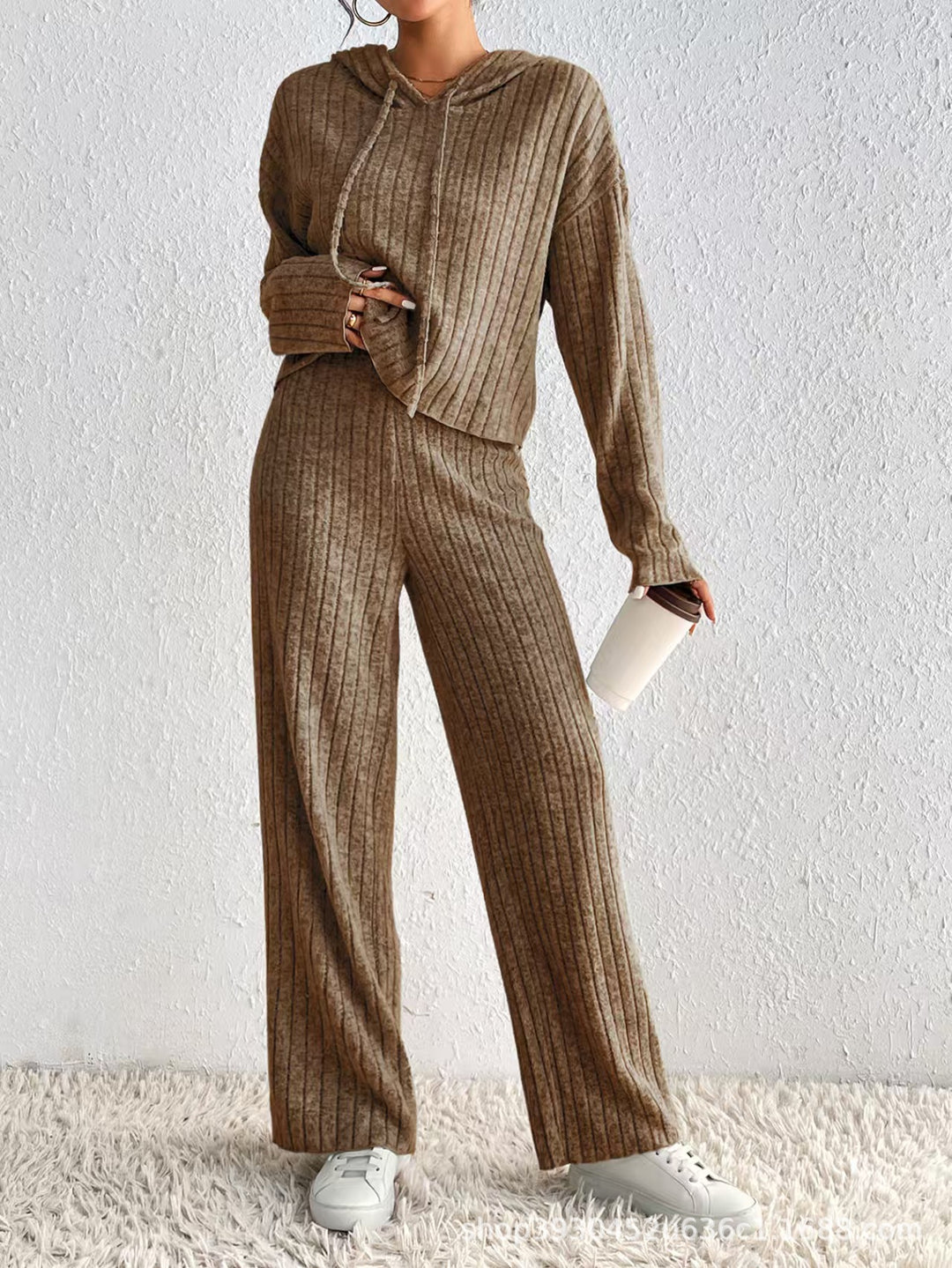 Damen Geripptes Kuschel-Lounge-Set aus Chenille mit Kapuzenpullover und weitem Hosenbein Nord Taschen