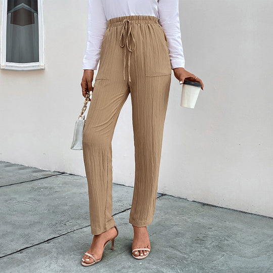 Damen Leichte Crinkle-Hose mit hohem Elastikbund, Tunnelzug und aufgesetzten Taschen Nord Taschen