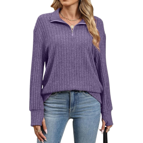 Damen Gerippter Halfzip-Pullover mit Stehkragen und Relaxed-Fit Nord Taschen