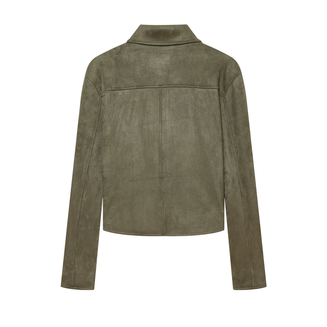 Damen Taillierter Cropped-Blouson aus Veloursimitat mit Hemdkragen und aufgesetzten Taschen Nord Taschen