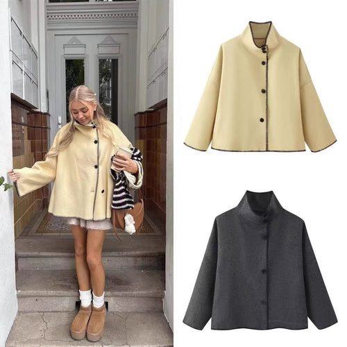 Damen Kurzer kastiger Mantel‑Cape mit Stehkragen und Kontrast‑Ziernaht Nord Taschen