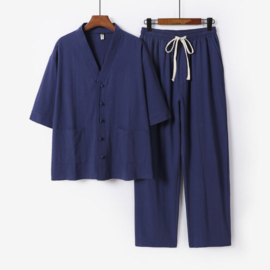 Herren Kimono-Zweiteiler aus Leinenmischung mit V-Ausschnitt, aufgesetzten Taschen und Kordelbundhose Nord Taschen