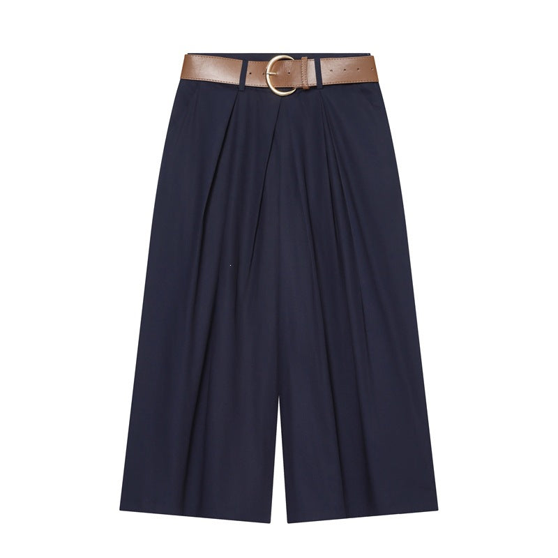 Damen Hochtaillierte Culotte-Hose mit weitem Bein, Kellerfalten und Rundbuckel-Gürtel Nord Taschen