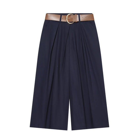 Damen Hochtaillierte Culotte-Hose mit weitem Bein, Kellerfalten und Rundbuckel-Gürtel Nord Taschen