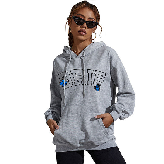 Damen Oversize-Kapuzenpullover mit Kängurutasche und Schmetterling-Stickerei Nord Taschen