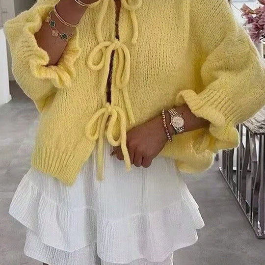 Damen Kuschelige Kurzstrickjacke mit Bindedetails, Volantärmeln und lockerem Oversize‑Schnitt Nord Taschen