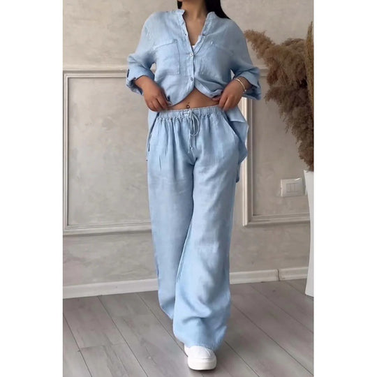 Damen Weite Leinenmix-Hose mit hohem Elastikbund, Kordelzug und Palazzo-Silhouette Nord Taschen