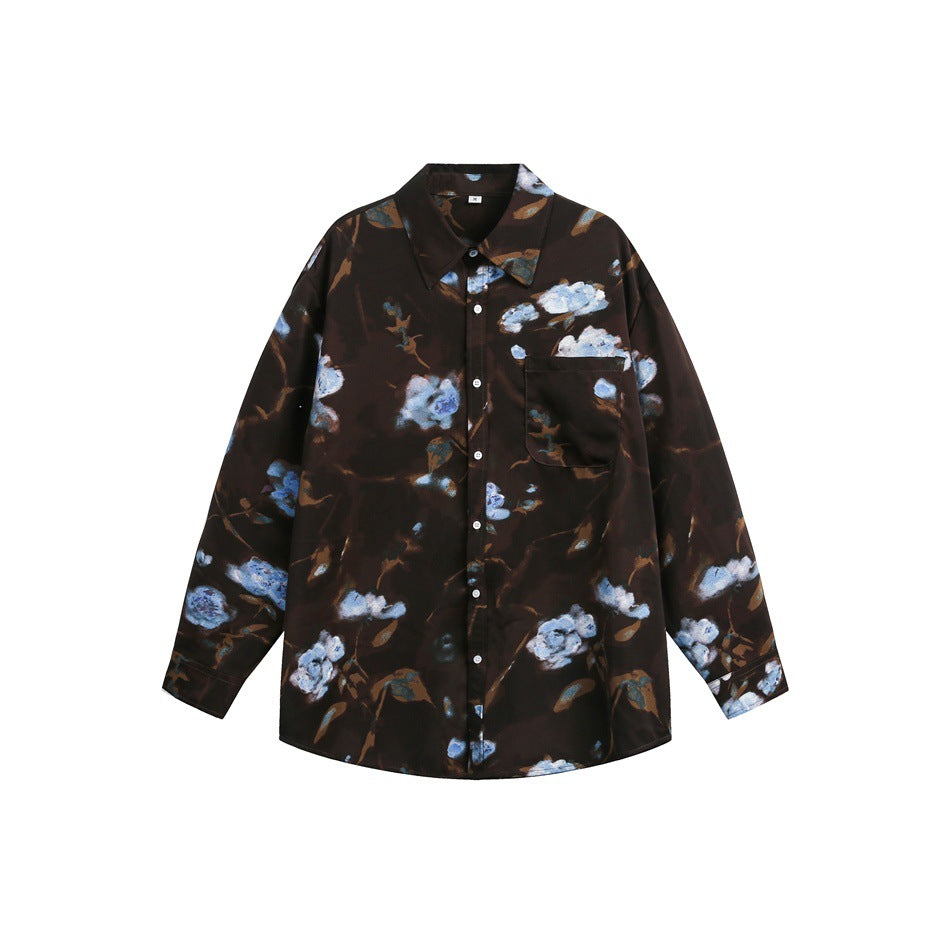 Damen Oversize-Hemdbluse mit abstraktem Blumenprint und aufgesetzter Brusttasche Nord Taschen