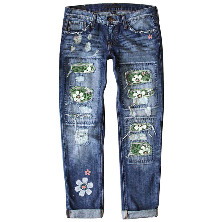 Damen verwaschene schmale Jeans mit Leopardenpatches und Glitzerbesatz Nord Taschen