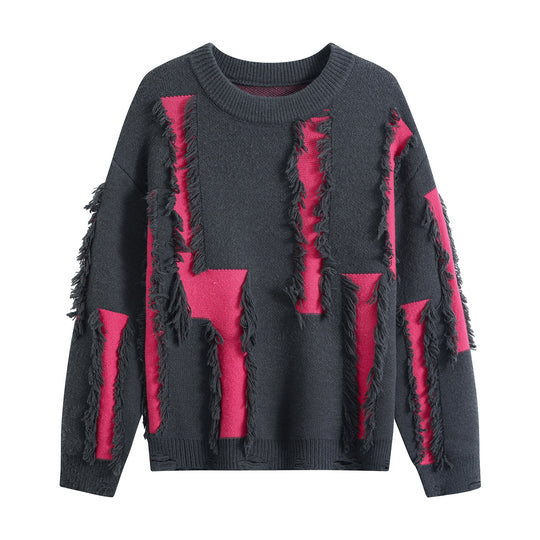 Damen Oversize Strickpullover mit Fransenapplikationen und Destroy-Look Nord Taschen