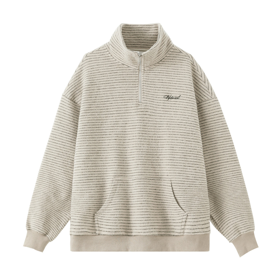 Unisex Oversize-Halbzip-Sweatshirt im feinen Streifen-Frottée mit Stehkragen und Kängurutasche Nord Taschen
