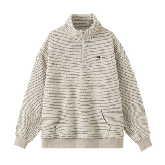 Unisex Oversize-Halbzip-Sweatshirt im feinen Streifen-Frottée mit Stehkragen und Kängurutasche Nord Taschen
