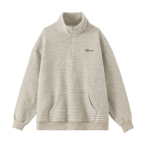 Unisex Oversize-Halbzip-Sweatshirt im feinen Streifen-Frottée mit Stehkragen und Kängurutasche Nord Taschen