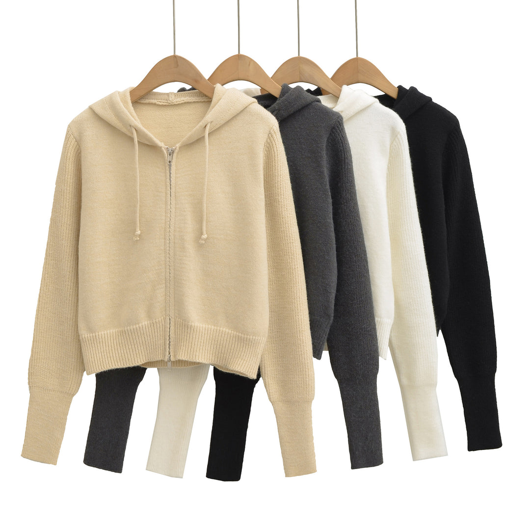 Damen Kurze Kapuzen-Strickjacke mit Reißverschluss und tailliertem Rippenbund Nord Taschen