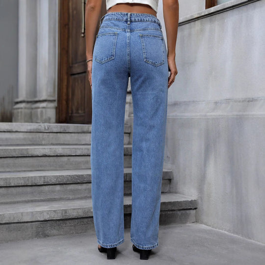 Damen High-Waist Straight-Jeans mit Perlen- und Strassbesatz Nord Taschen