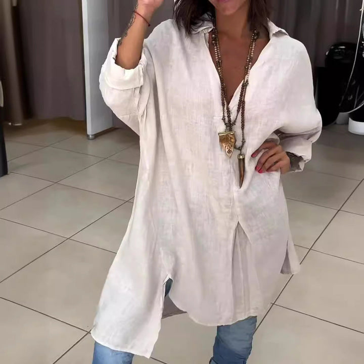 Damen Lässige Leinenbluse mit durchgehender Knopfleiste und umschlagbaren Ärmeln