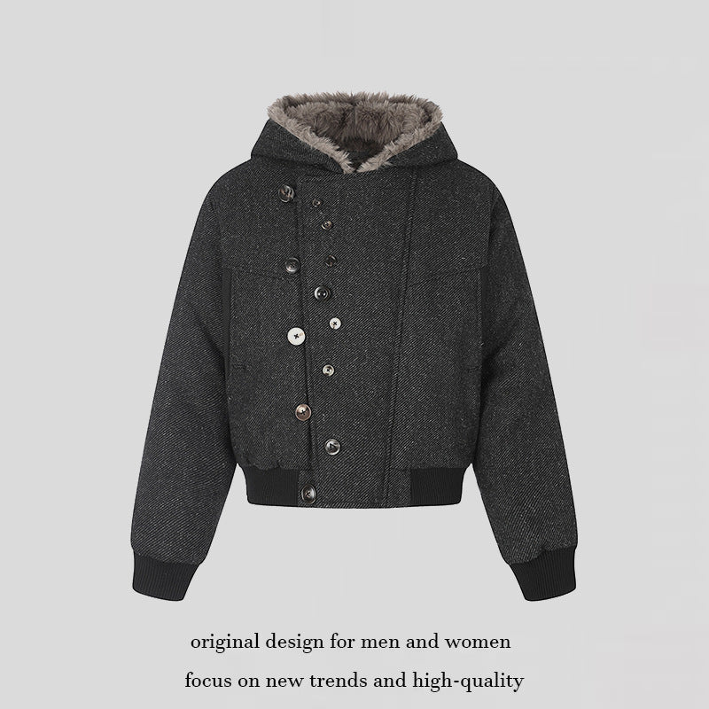 Damen Kapuzen-Bomberjacke mit Kunstfellfutter, asymmetrischer Mehrfachknopfleiste und geripptem Bund Nord Taschen