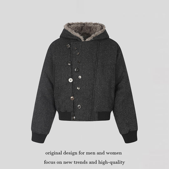 Damen Kapuzen-Bomberjacke mit Kunstfellfutter, asymmetrischer Mehrfachknopfleiste und geripptem Bund Nord Taschen