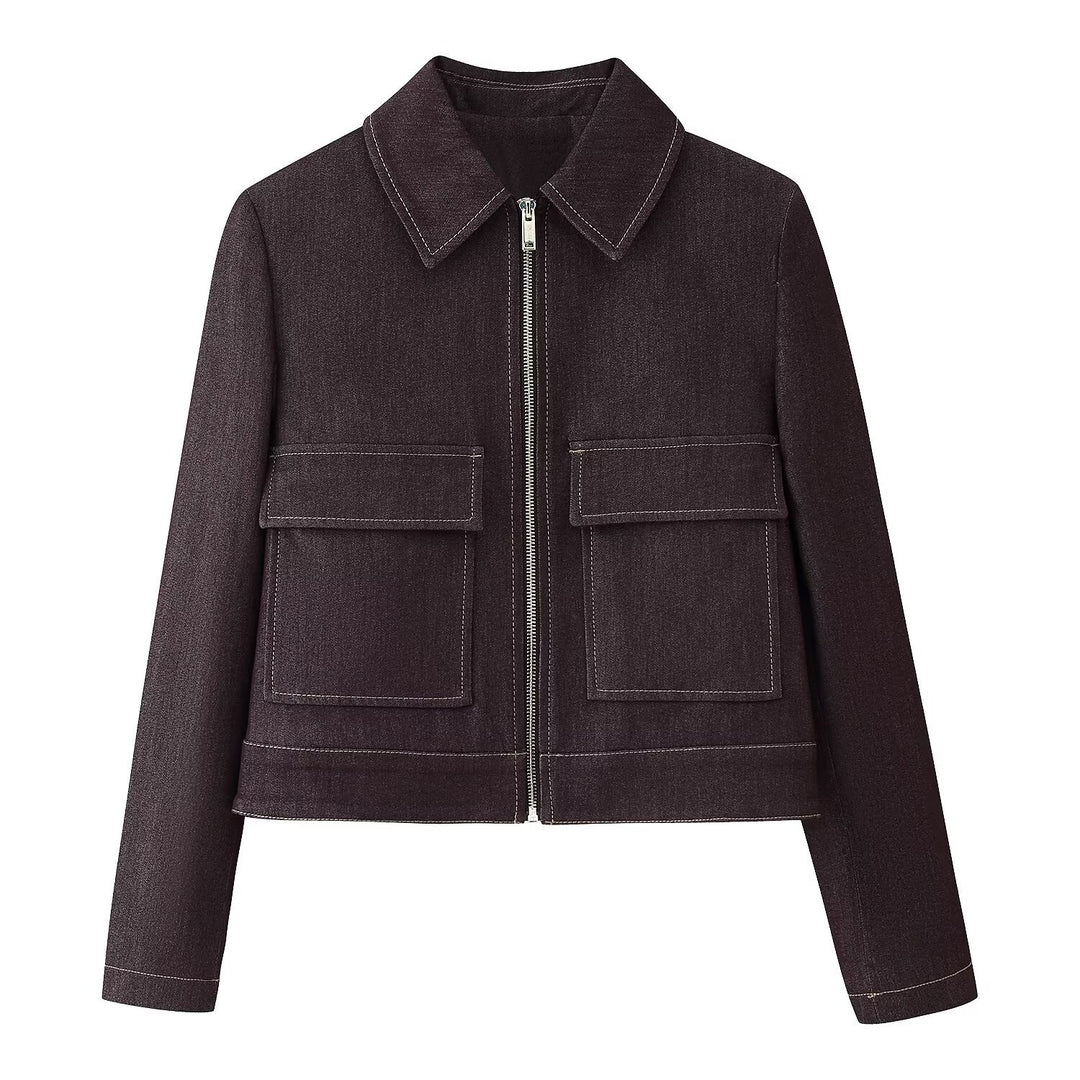 Damen Kurze Boxy-Jeansjacke mit durchgehendem Reißverschluss und aufgesetzten Klappentaschen Nord Taschen