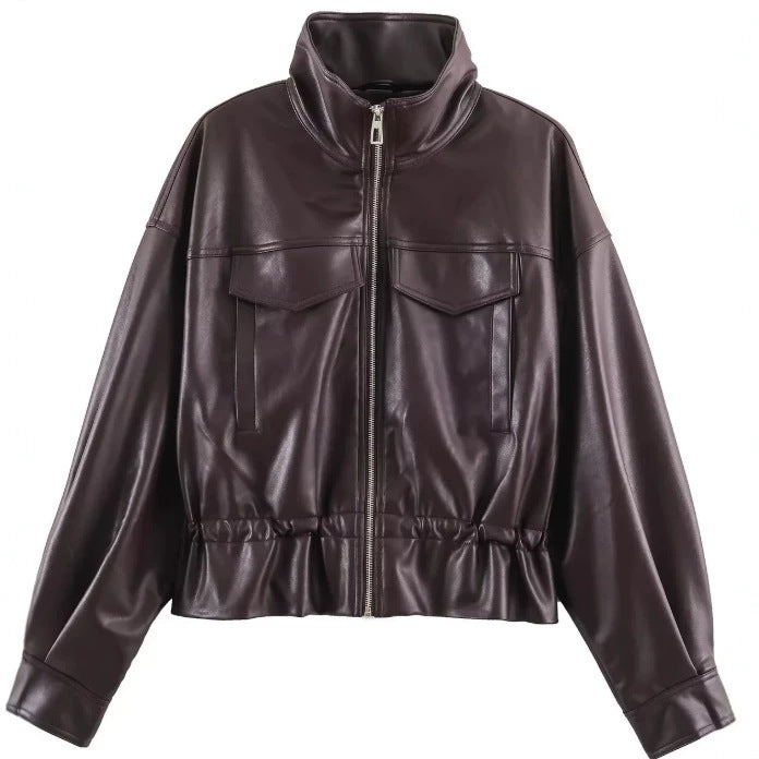 Damen Cropped Kunstleder‑Blouson mit Stehkragen, Pattentaschen und Tunnelzugtaillierung Nord Taschen